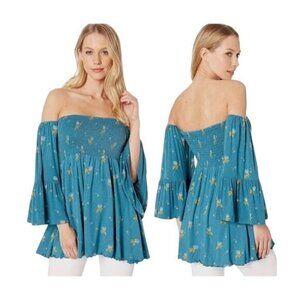 Free People Lana Off-Shoulder Floral Print Peasant Blouse With Bell Sleeves Reta